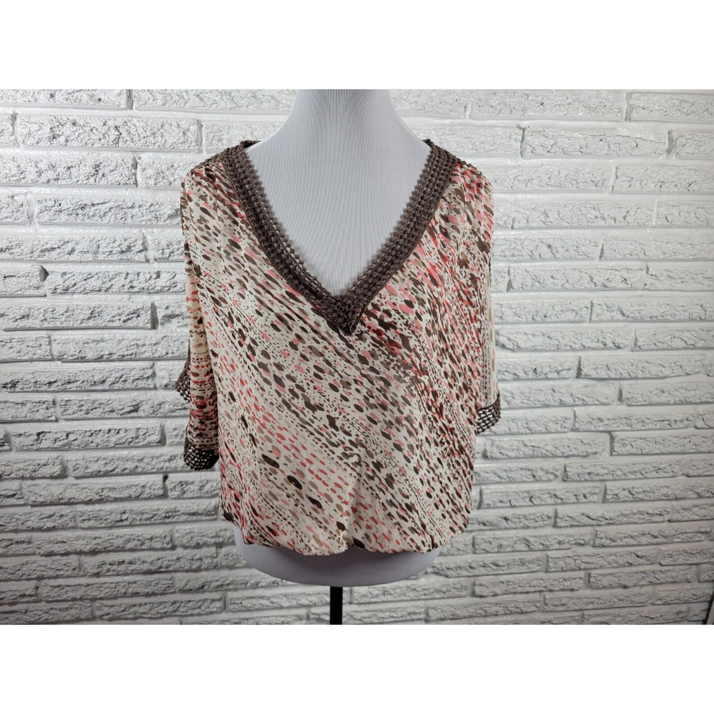 Ana Womens Top Extra Large XL Peplum Crochet Trim Brown Watercolor Casual Sheer