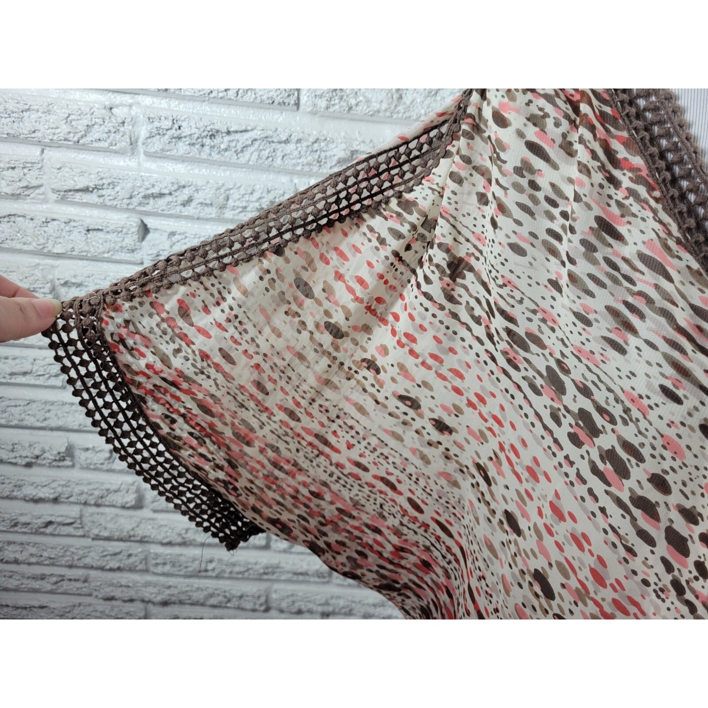 Ana Womens Top Extra Large XL Peplum Crochet Trim Brown Watercolor Casual Sheer