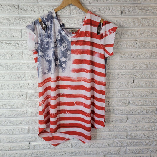 Fourth of July Live Let Live Womens Top XL Tee Patriotic Studded Cold Shoulder