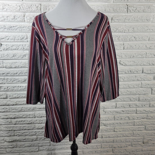Como Blu Womens Top 2X Plus Knit 3/4 Sleeve Keyhole Burgundy Stripe Poly Blend