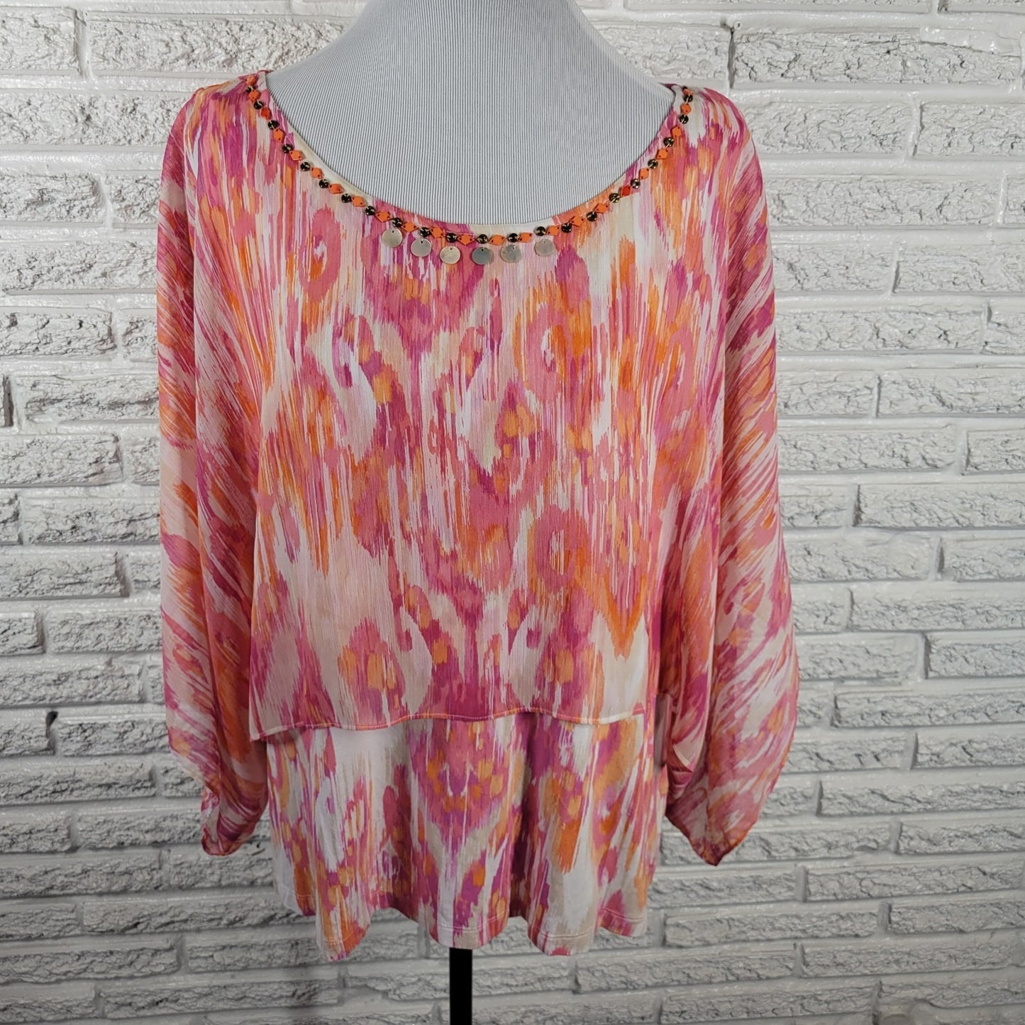 Ruby Rd Women Top 2X Plus Kimono Sleeve Pink Orange Watercolor Beads Sheer Lined