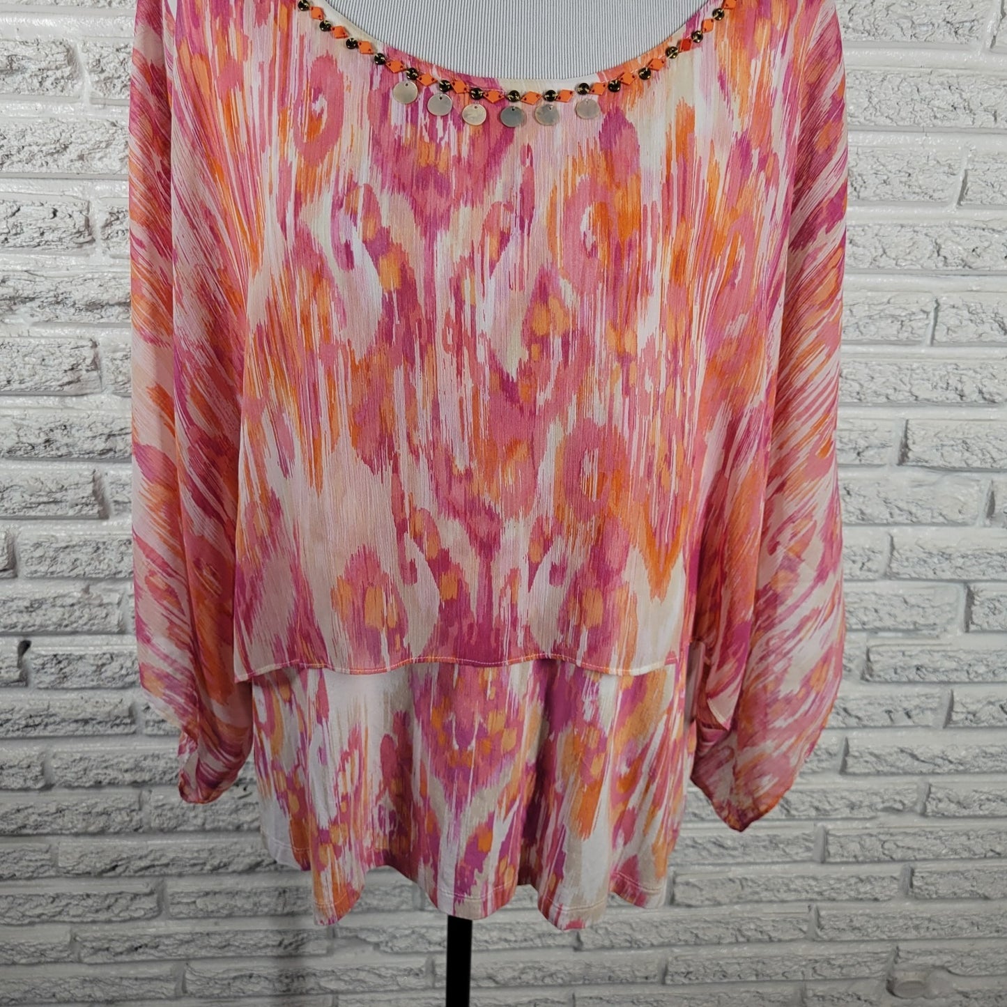 Ruby Rd Women Top 2X Plus Kimono Sleeve Pink Orange Watercolor Beads Sheer Lined