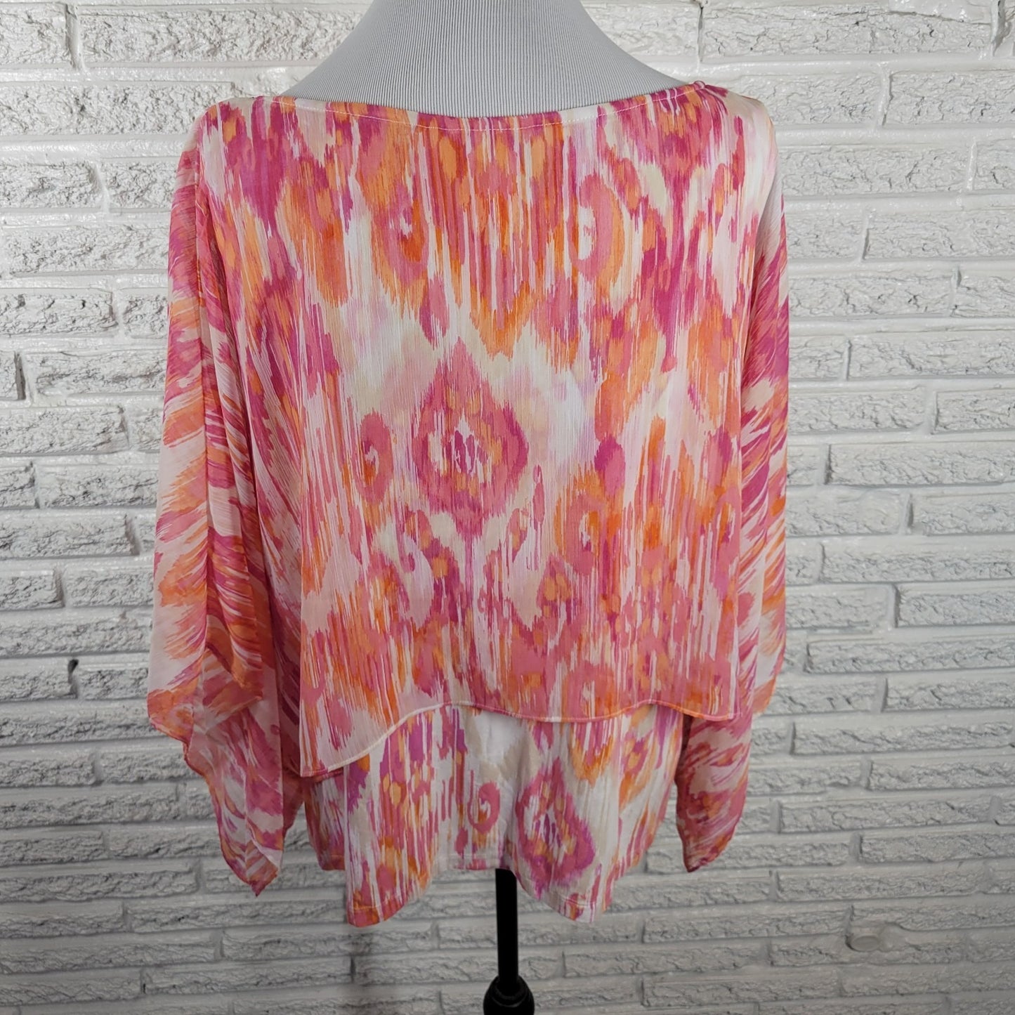 Ruby Rd Women Top 2X Plus Kimono Sleeve Pink Orange Watercolor Beads Sheer Lined