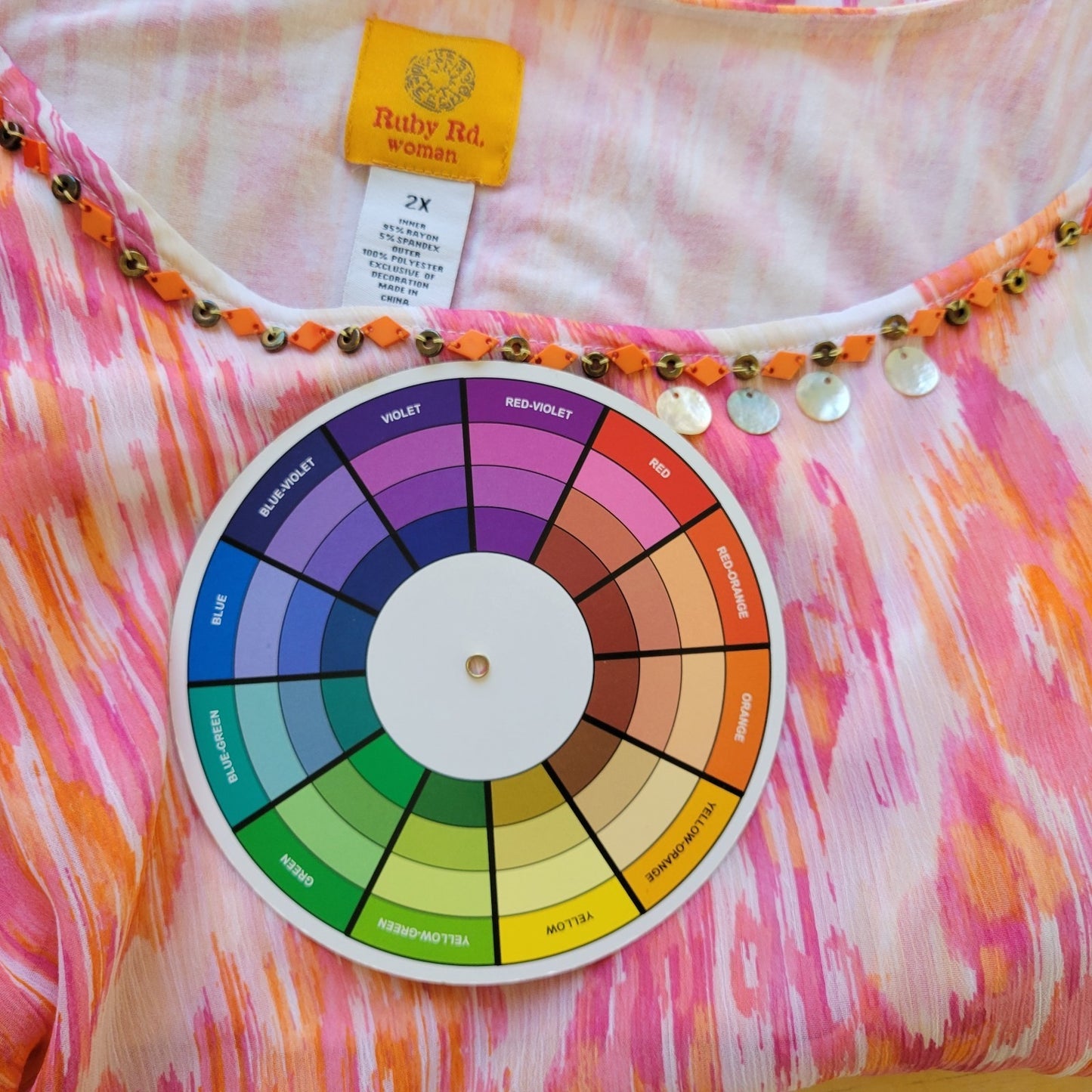 Ruby Rd Women Top 2X Plus Kimono Sleeve Pink Orange Watercolor Beads Sheer Lined