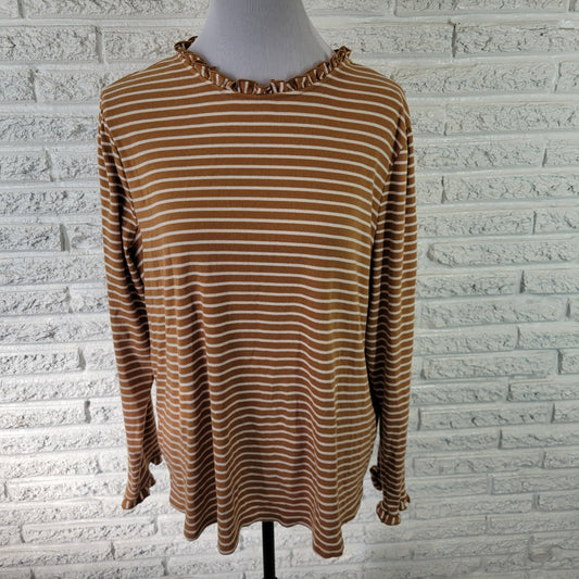 Croft Barrow Womens Top 2X Plus Tan Stripe Frilly Neck Back Keyhole Knit Casual