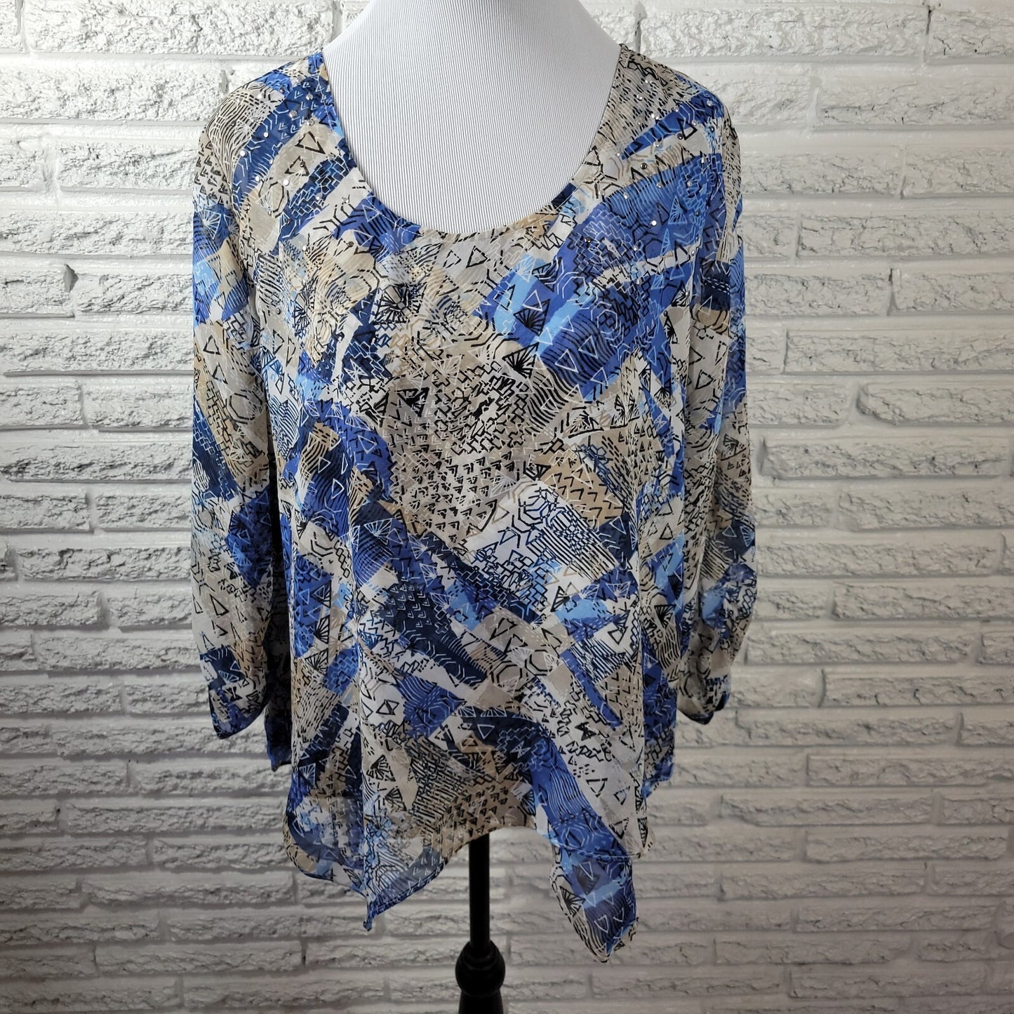 Style & Co Women's XL Blue Geometric Handkerchief Hem Studded Sheer 3/4 Sleeve