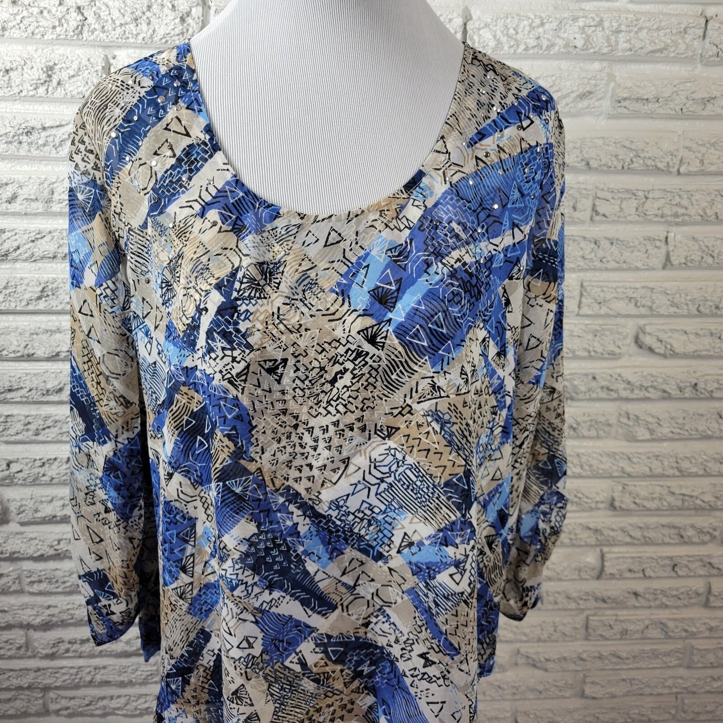Style & Co Women's XL Blue Geometric Handkerchief Hem Studded Sheer 3/4 Sleeve
