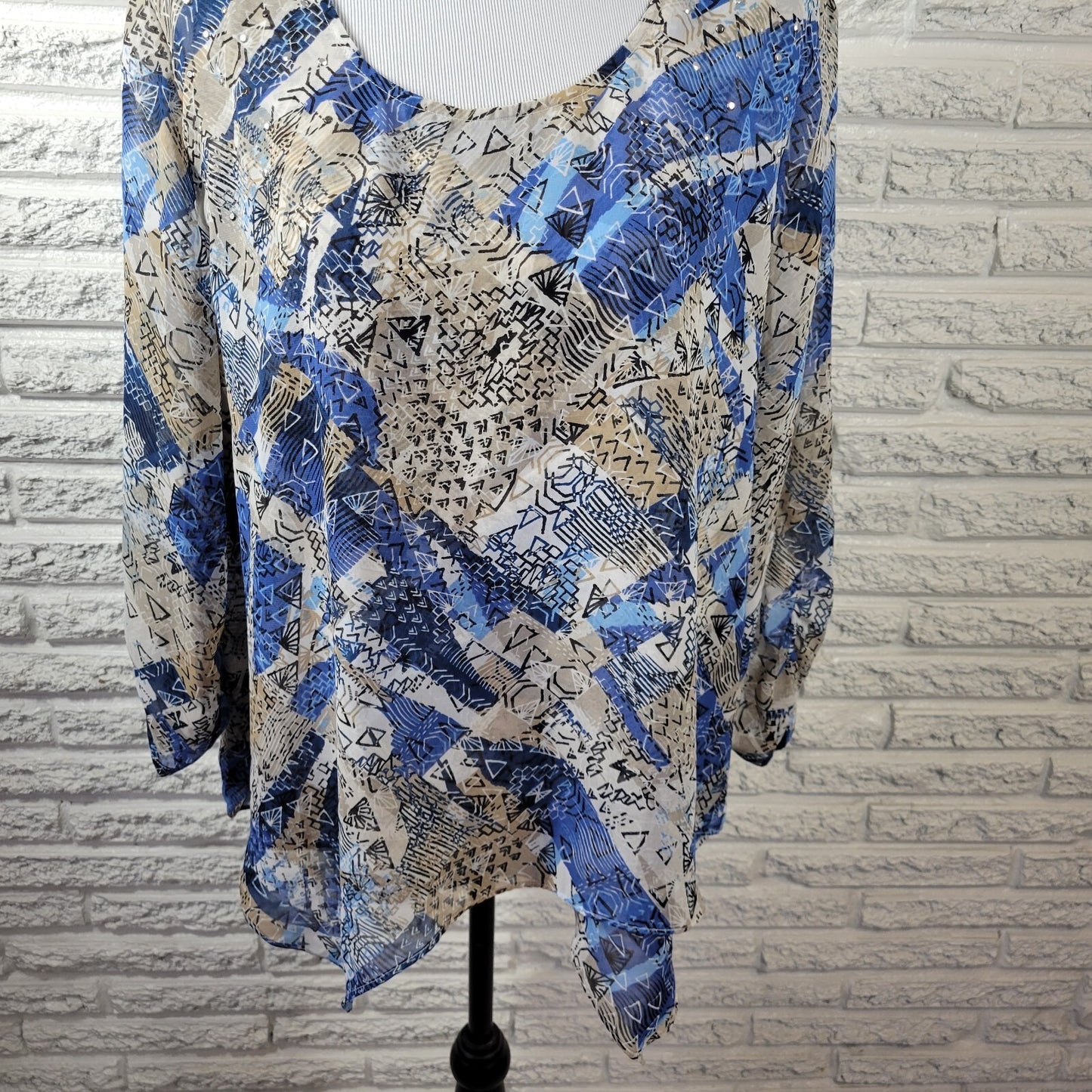 Style & Co Women's XL Blue Geometric Handkerchief Hem Studded Sheer 3/4 Sleeve