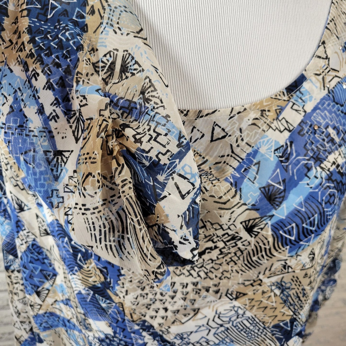 Style & Co Women's XL Blue Geometric Handkerchief Hem Studded Sheer 3/4 Sleeve