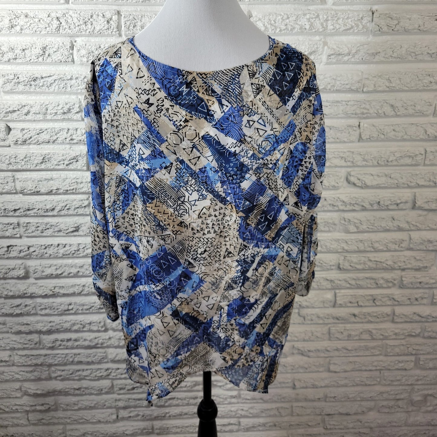 Style & Co Women's XL Blue Geometric Handkerchief Hem Studded Sheer 3/4 Sleeve