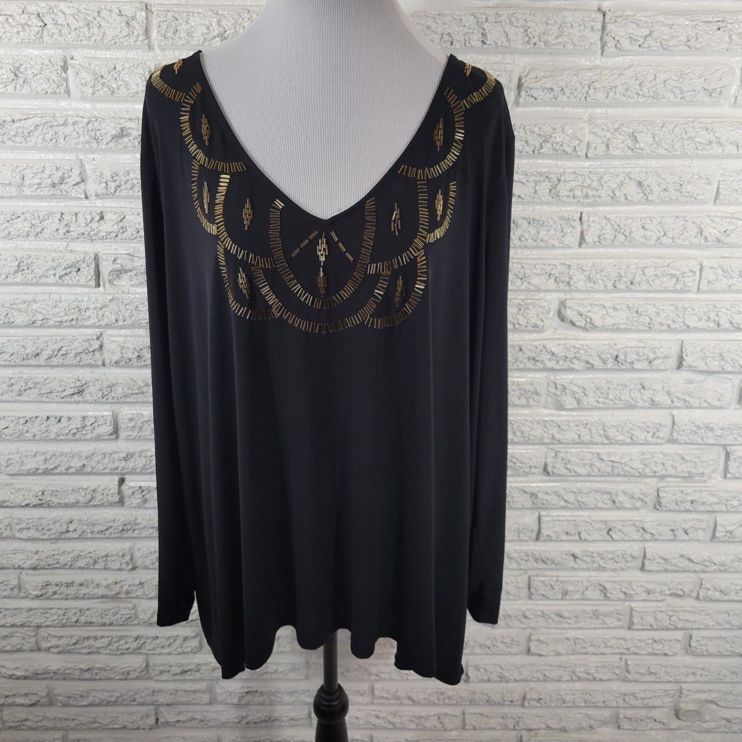 Roamans Womens Top 22 24 Plus Long Sleeve Black Beaded Poly Blend Career Casual