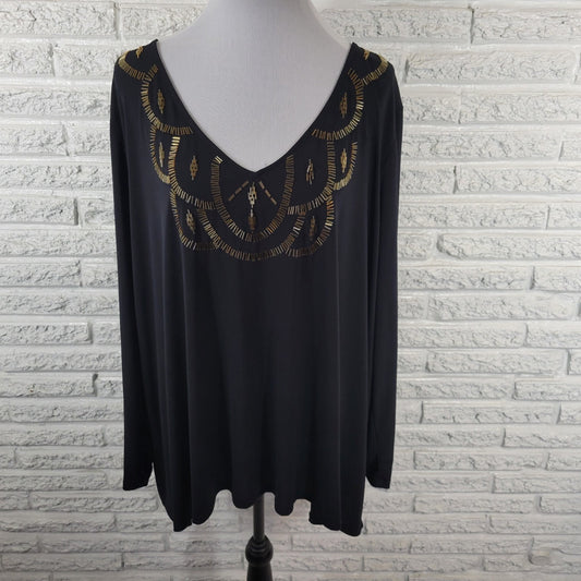 Roamans Womens Top 22 24 Plus Long Sleeve Black Beaded Poly Blend Career Casual