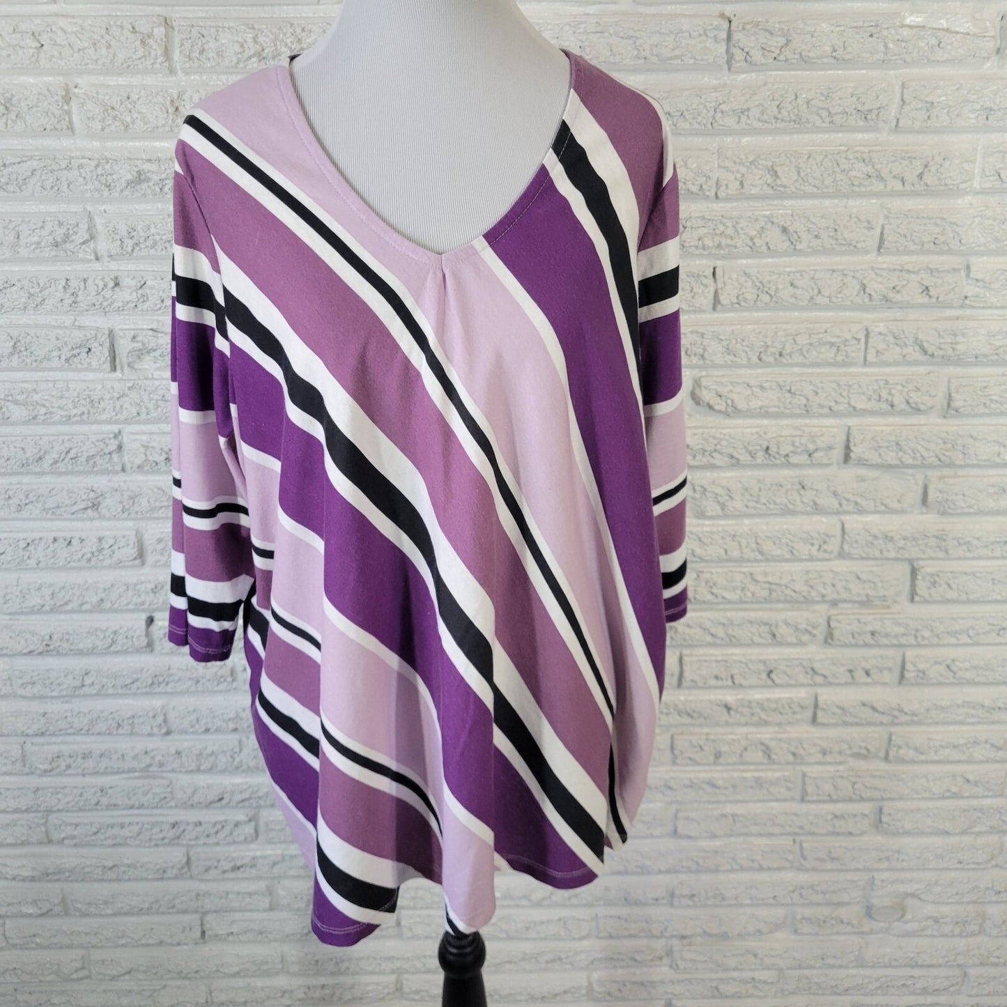Roamans Womens Top 1X 22 24 Plus Tunic Purple Black Stripe Comfy Cotton Blend