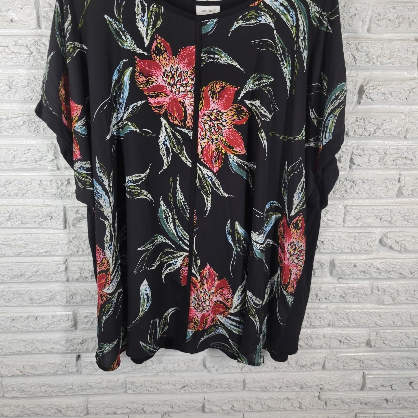 Avenue Women Top 30 32 Plus Tunic Cap Sleeve Black Pink Floral Polyester Office