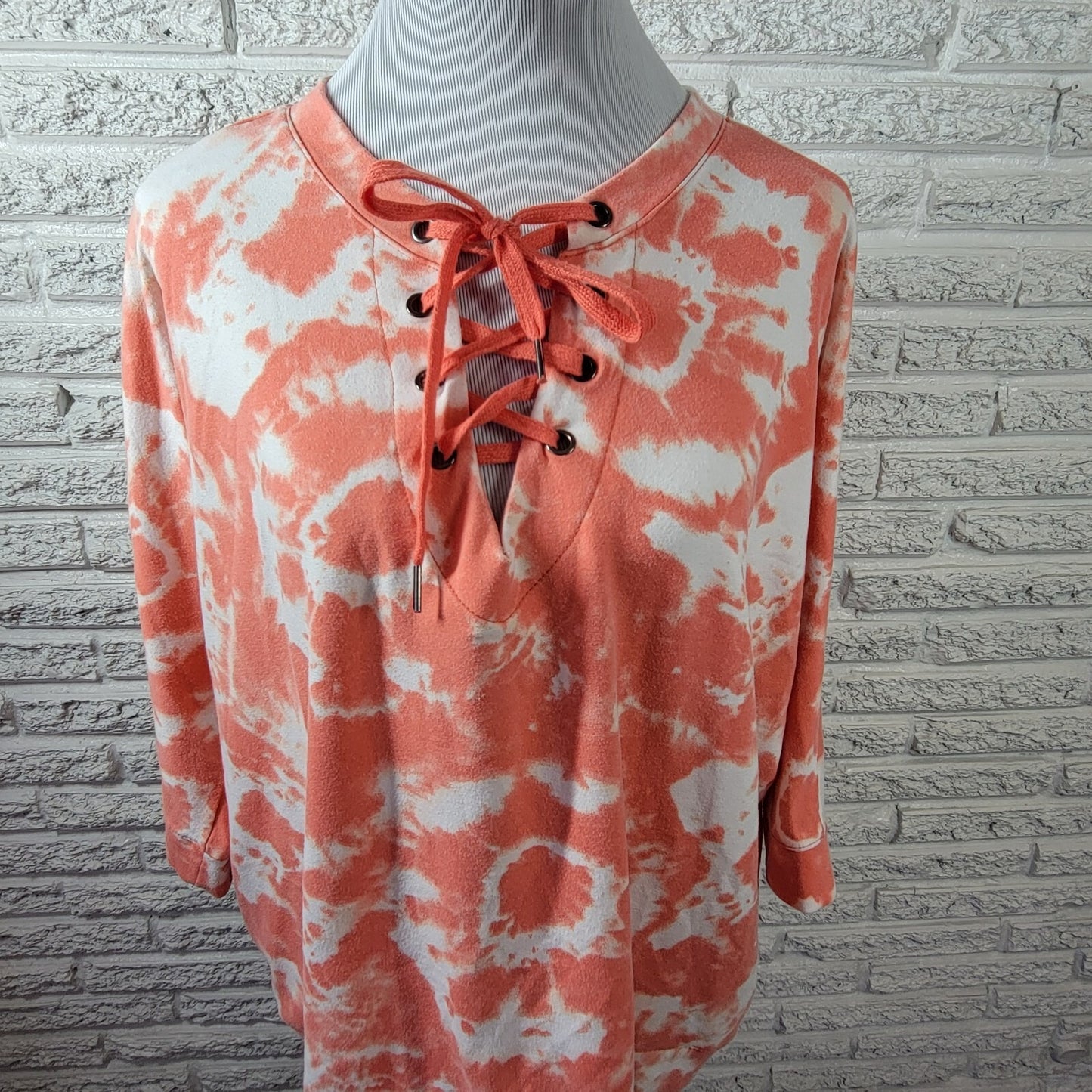 Sweatshirt Project Womens 2X Plus 3/4 Sleeve Orange Tie Dye Lace Up Comfy Casual