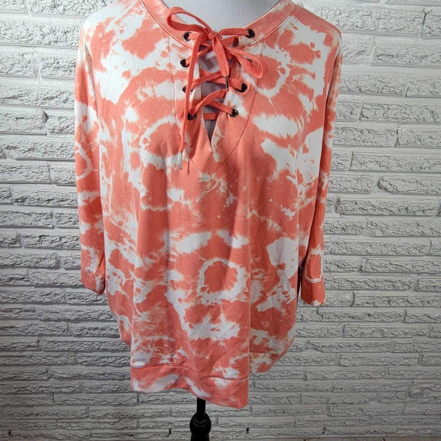 Sweatshirt Project Womens 2X Plus 3/4 Sleeve Orange Tie Dye Lace Up Comfy Casual