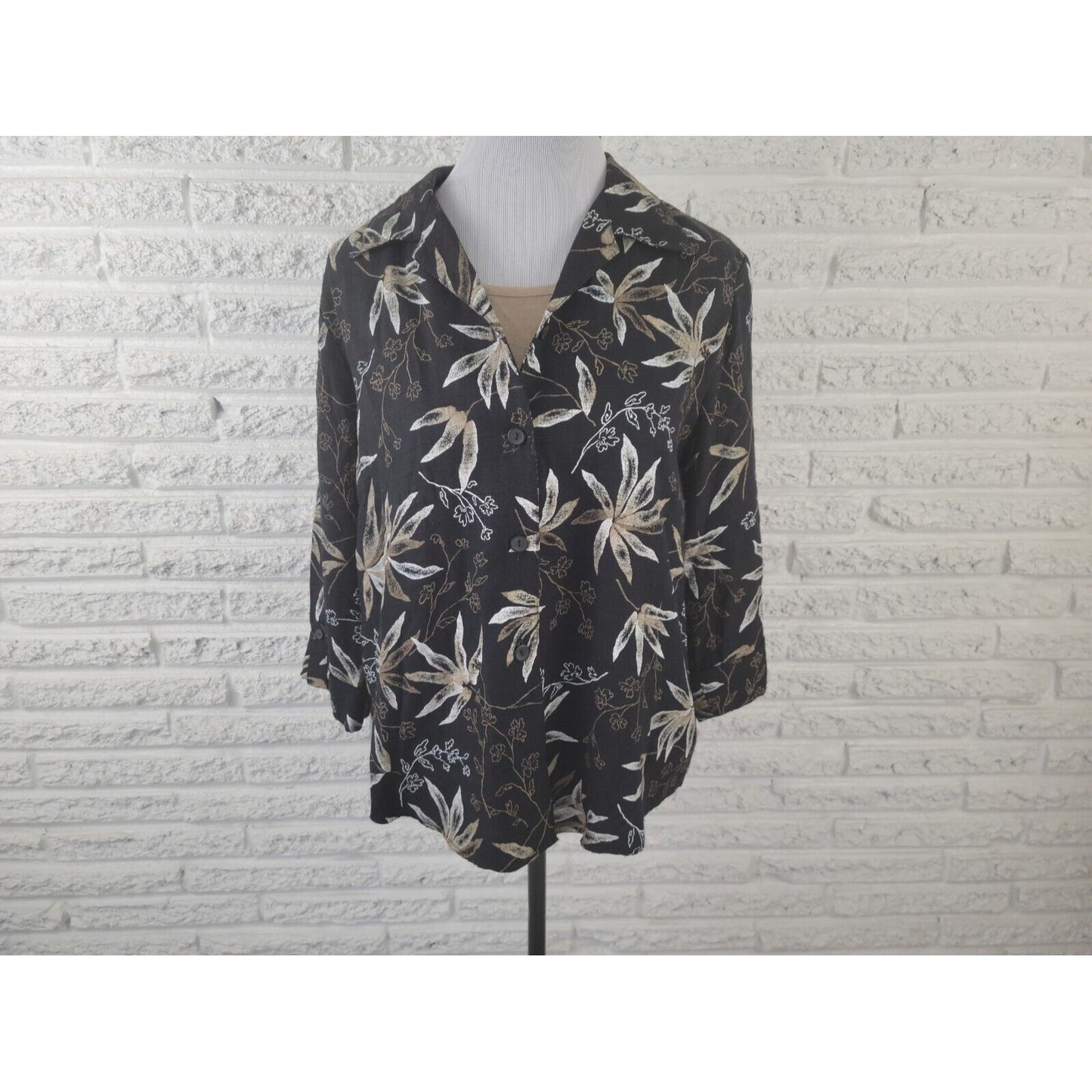 Dress Barn Womens Top Extra Large with Shell 3/4 Cuff Sleeve Career Black Floral