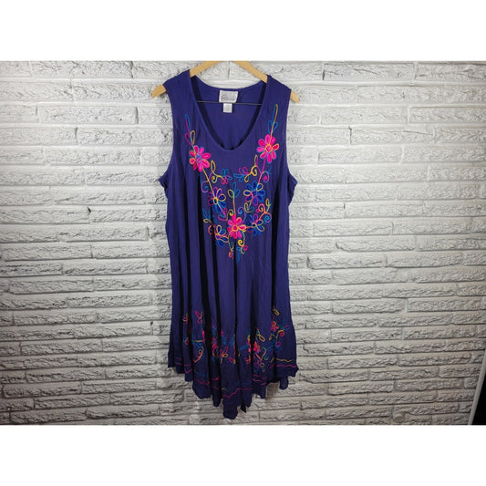 Easy Essentials Womens Dress 2X Plus Swim Coverup Sleeveless Embroidered Blue