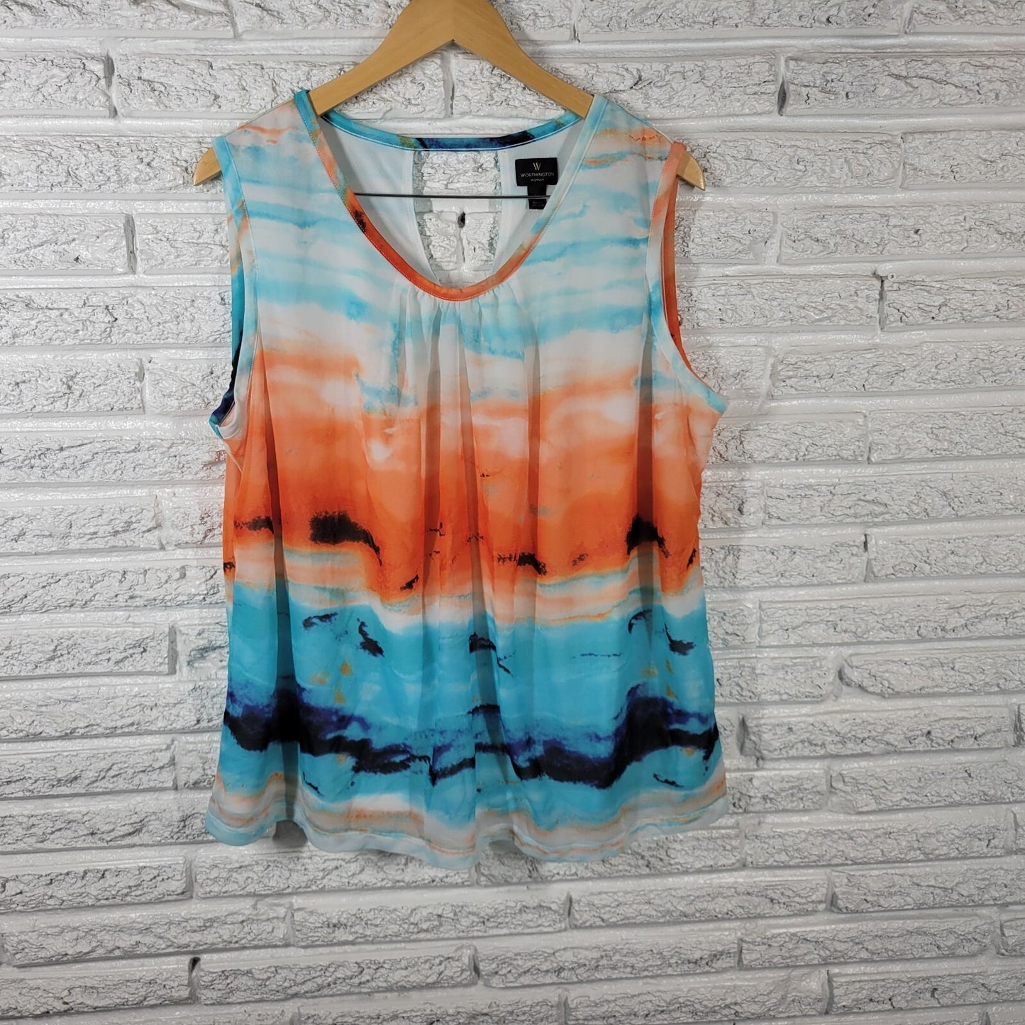 Worthington Womens Top 2X Plus Tank Chiffon Orange Watercolor Lined Lightweight