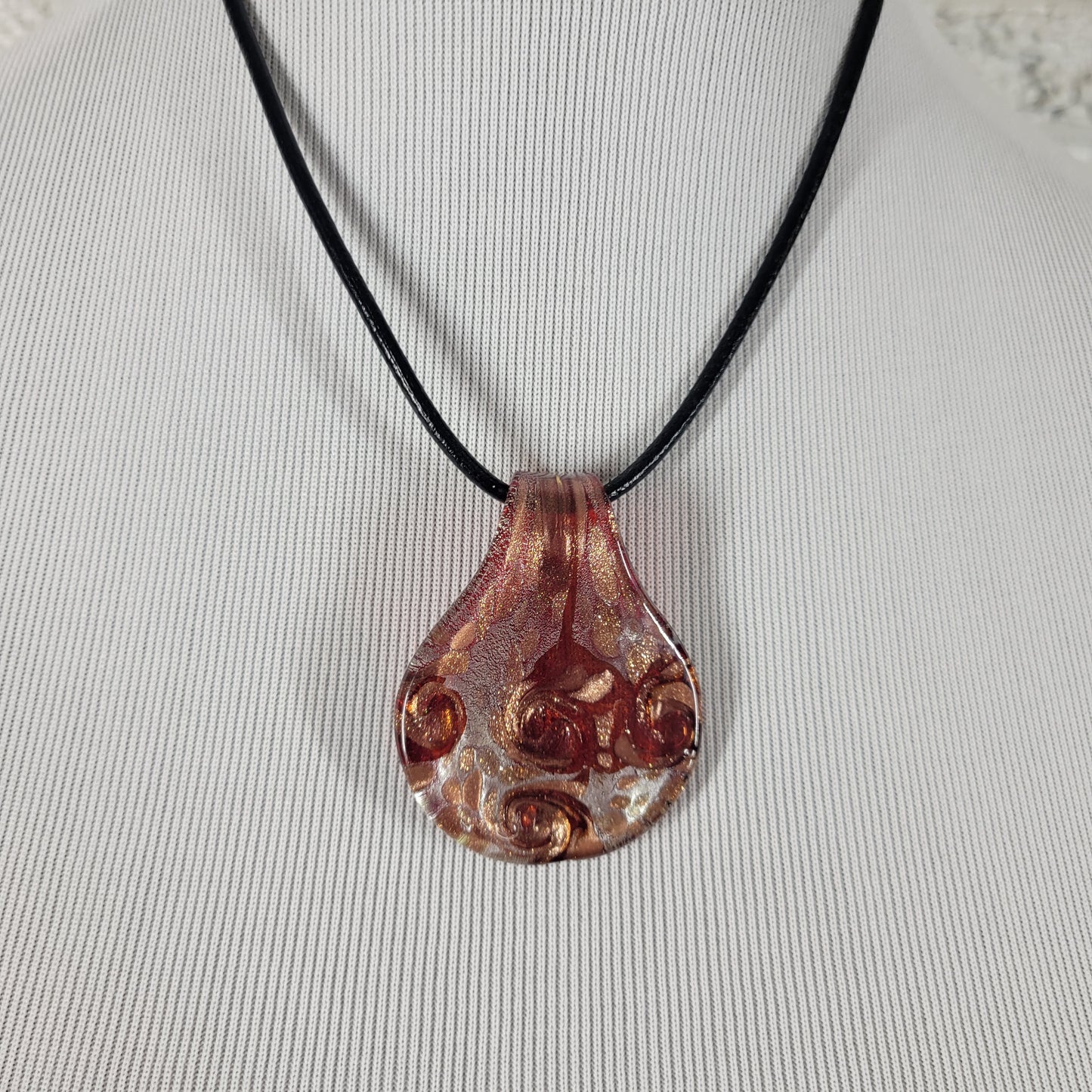 Murano Glass Pendant Necklace Red Gold Foil Aventurine Swirl Teardrop Cord N21E