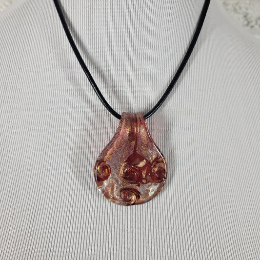 Murano Glass Pendant Necklace Red Gold Foil Aventurine Swirl Teardrop Cord N21E