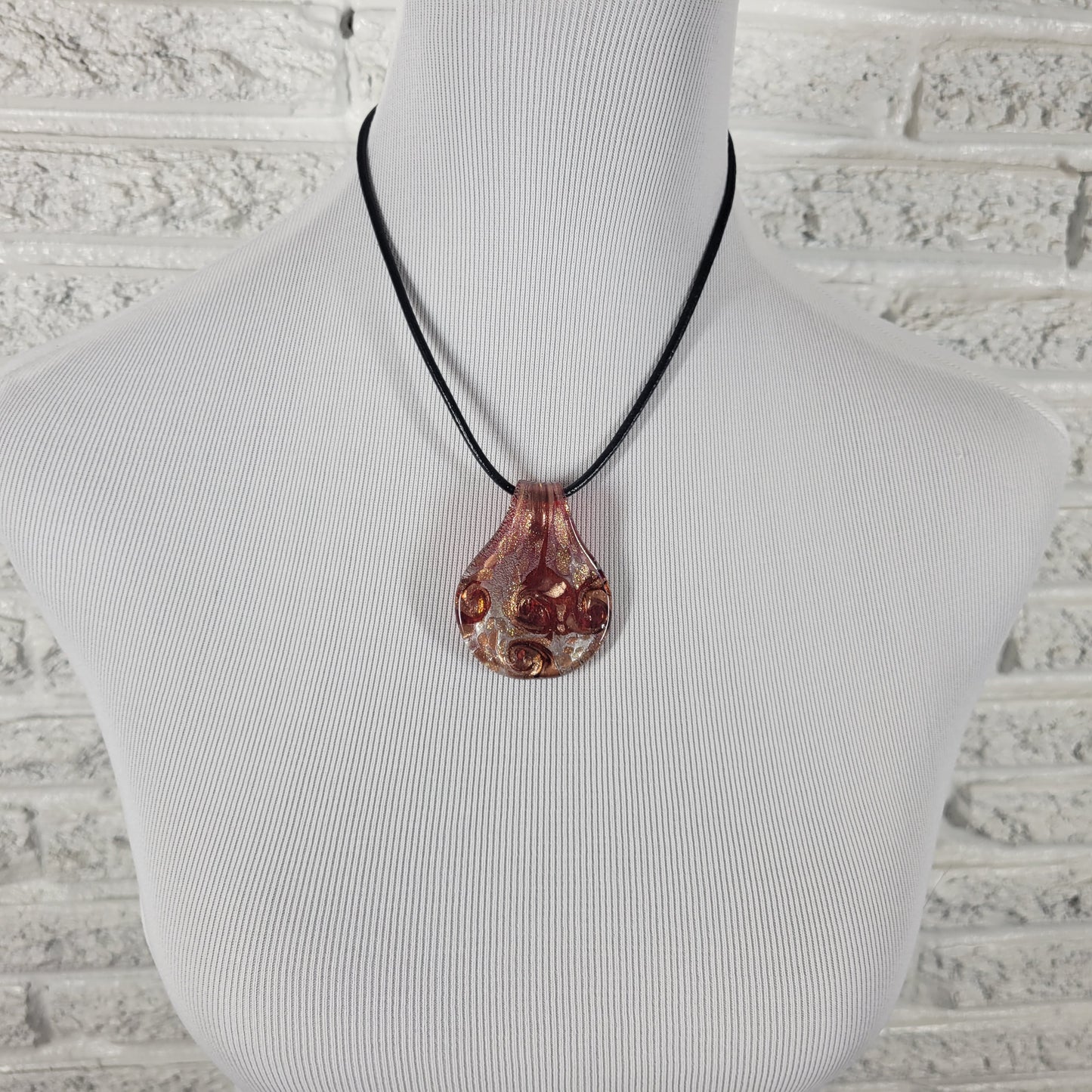 Murano Glass Pendant Necklace Red Gold Foil Aventurine Swirl Teardrop Cord N21E