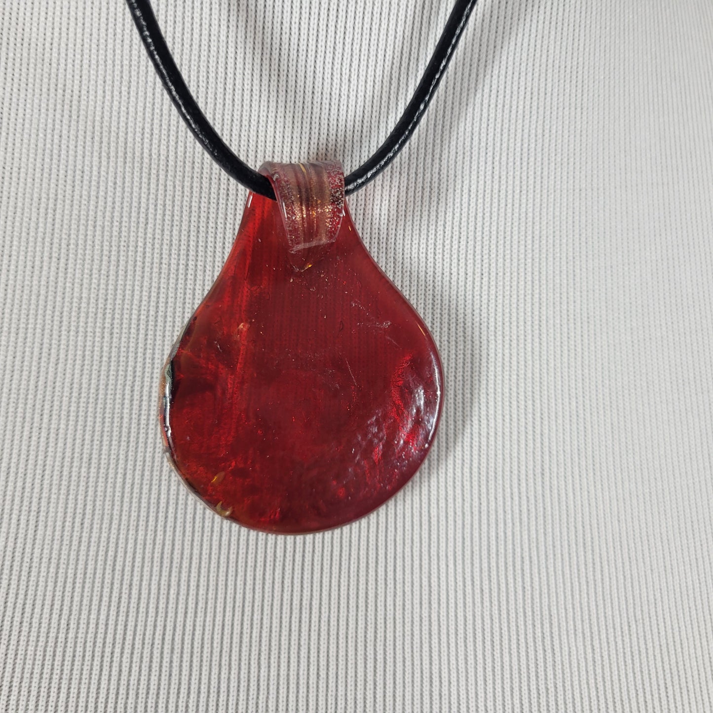 Murano Glass Pendant Necklace Red Gold Foil Aventurine Swirl Teardrop Cord N21E