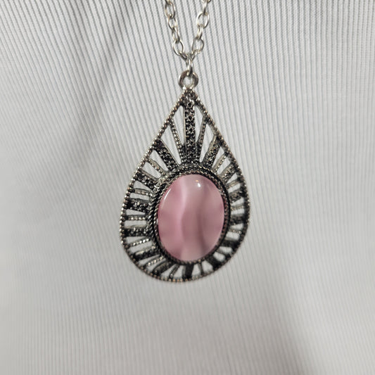 Vintage Pink Cats Eye Teardrop Pendant Necklace Silver Tone Boho Statement N27E