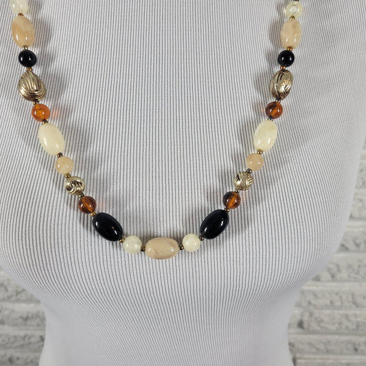 Vintage Multi Bead Necklace Gold Tone Black Amber Cream Chunky Strand 30 IN N29E