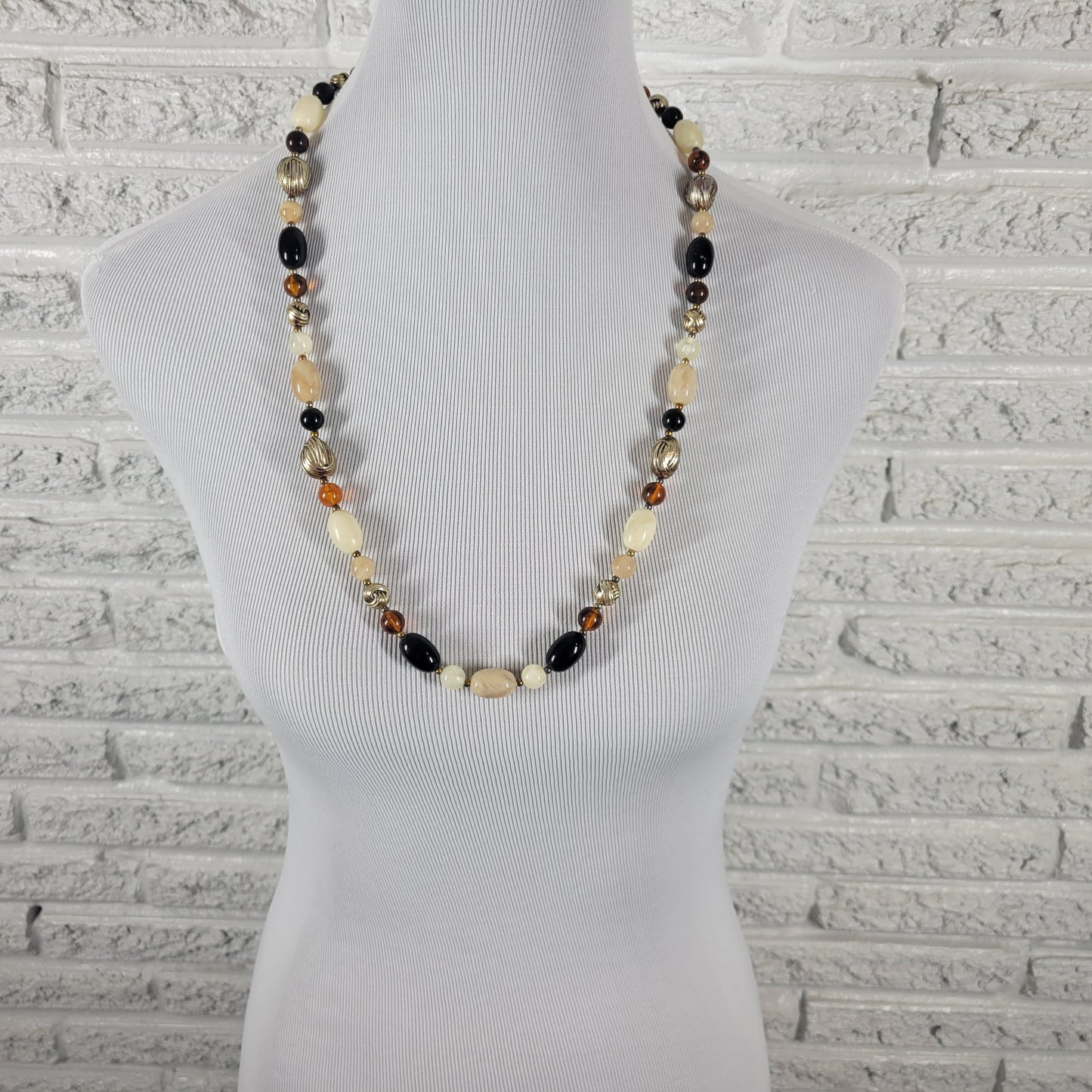 Vintage Multi Bead Necklace Gold Tone Black Amber Cream Chunky Strand 30 IN N29E