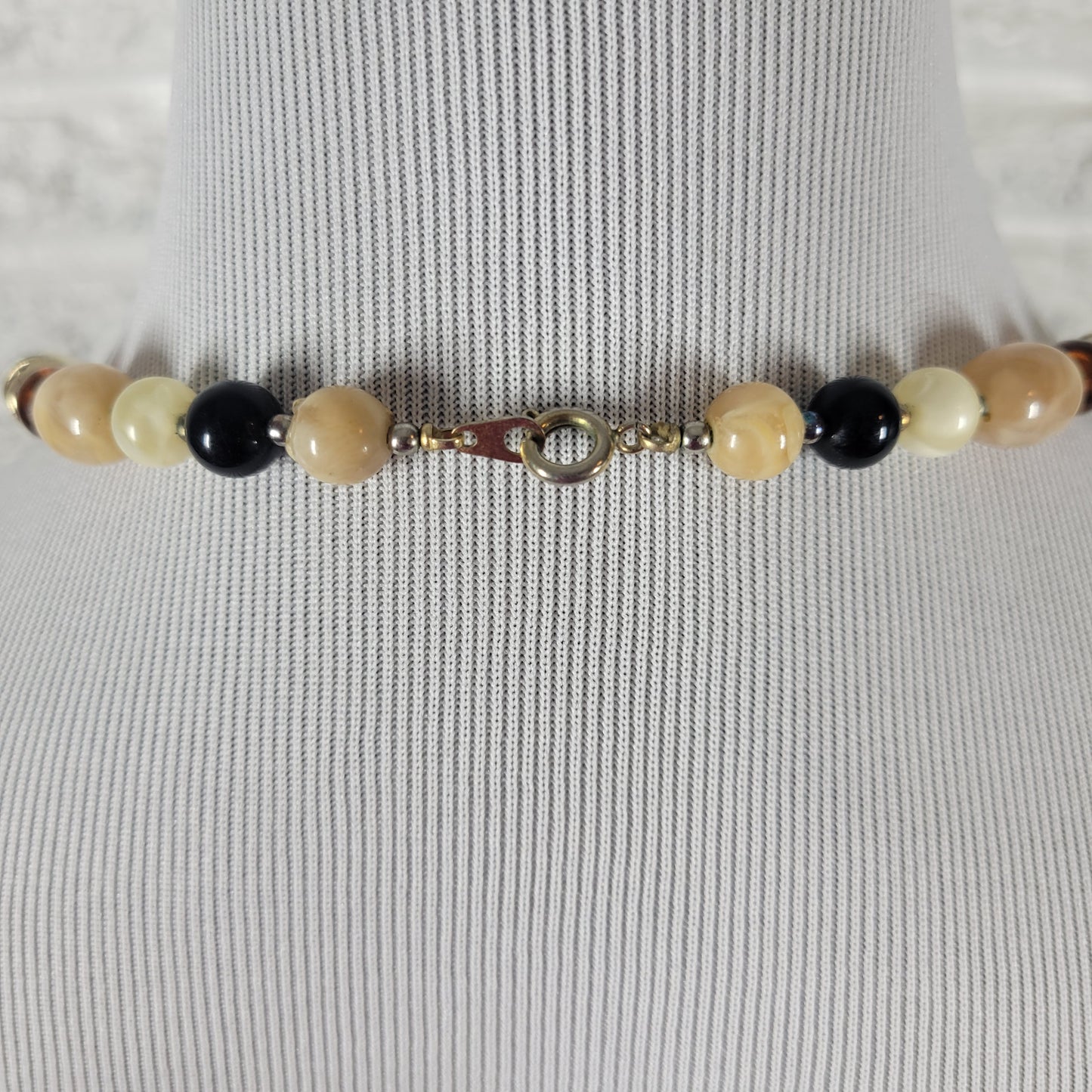 Vintage Multi Bead Necklace Gold Tone Black Amber Cream Chunky Strand 30 IN N29E