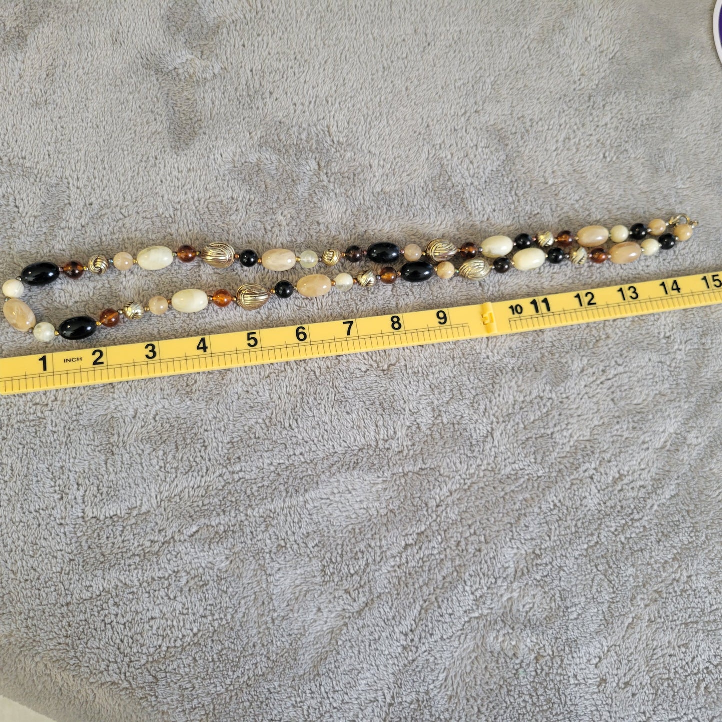 Vintage Multi Bead Necklace Gold Tone Black Amber Cream Chunky Strand 30 IN N29E