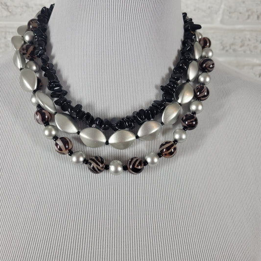 Chico's 3 Strand Statement Necklace Black Silver Onyx Style Bead Chunky N33E