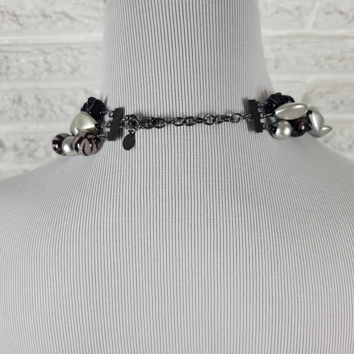 Chico's 3 Strand Statement Necklace Black Silver Onyx Style Bead Chunky N33E