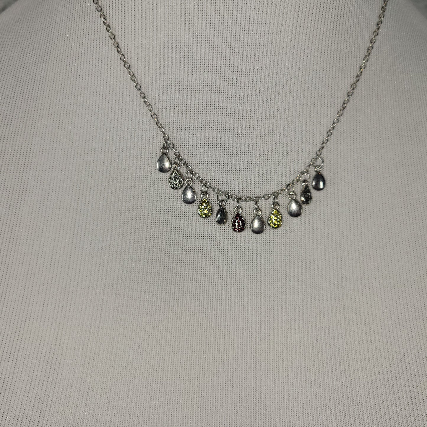 Multi-Color Rhinestone Teardrop Charm Choker Necklace Silver Tone Drop N30E