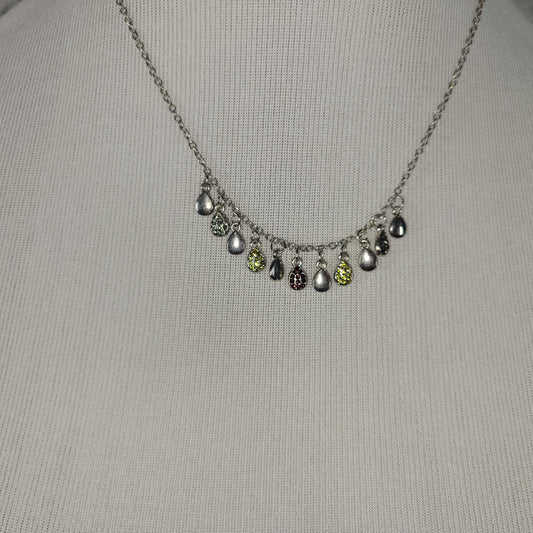 Multi-Color Rhinestone Teardrop Charm Choker Necklace Silver Tone Drop N30E