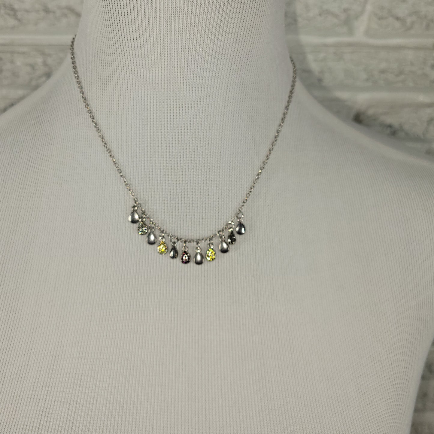 Multi-Color Rhinestone Teardrop Charm Choker Necklace Silver Tone Drop N30E