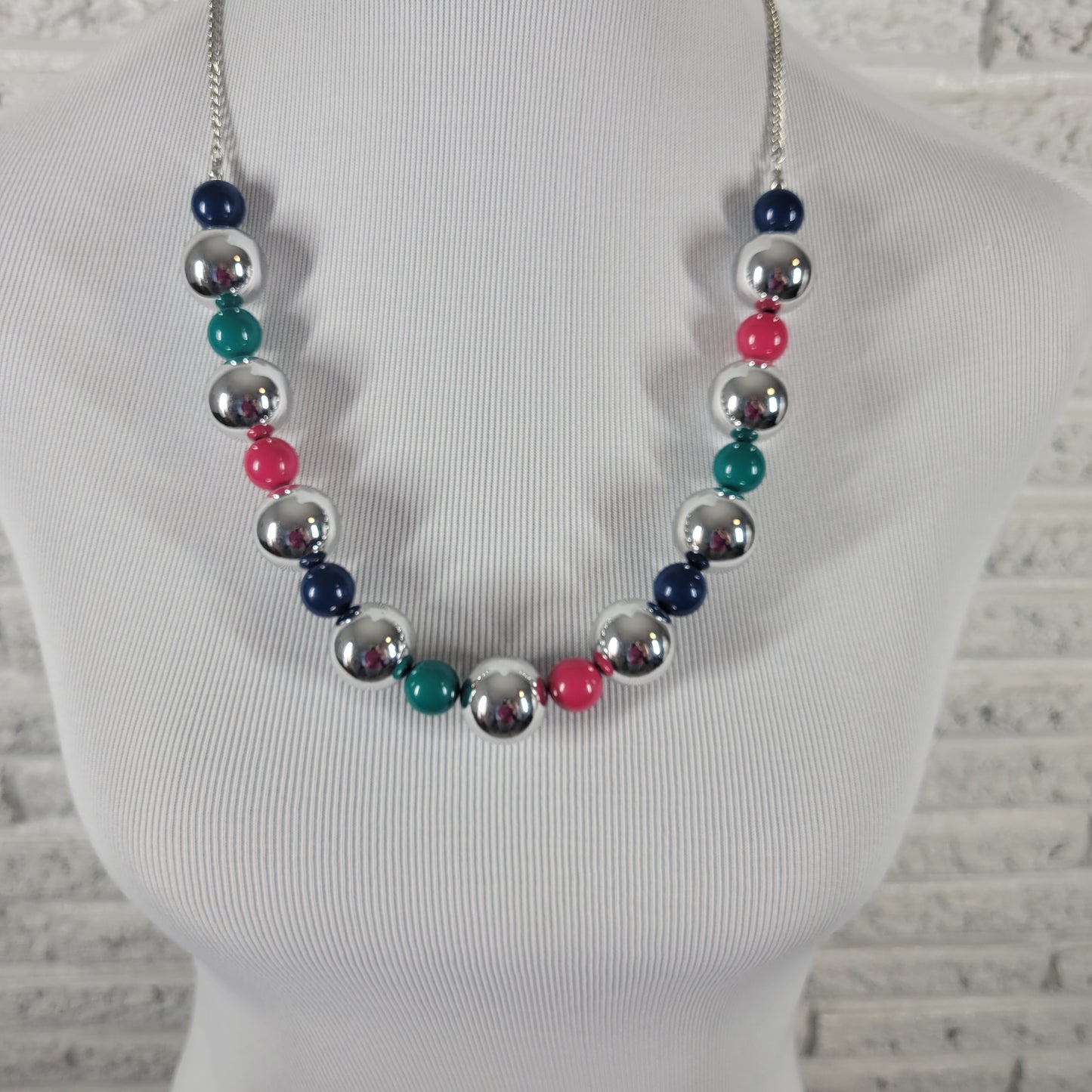 Chunky Silver Bead Necklace Colorful Pink Blue Teal Statement Fashion N31E