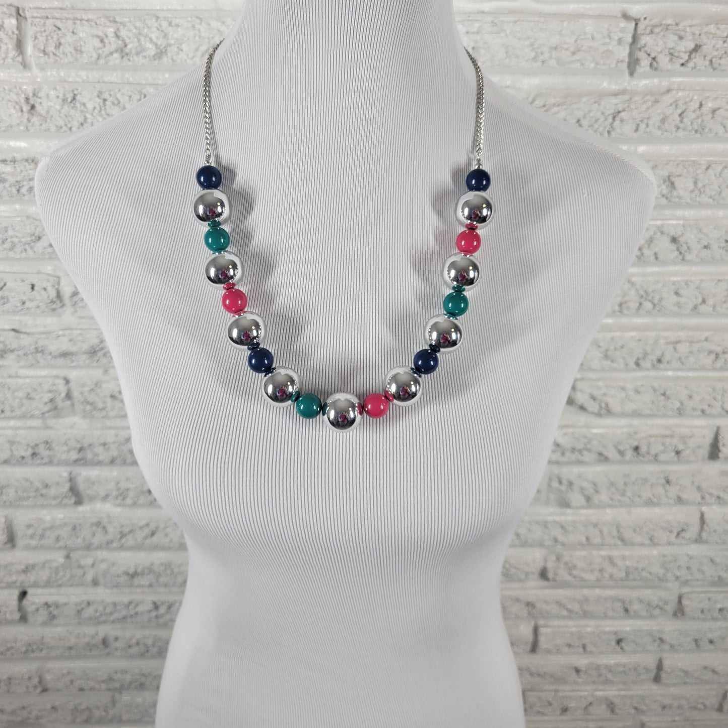 Chunky Silver Bead Necklace Colorful Pink Blue Teal Statement Fashion N31E