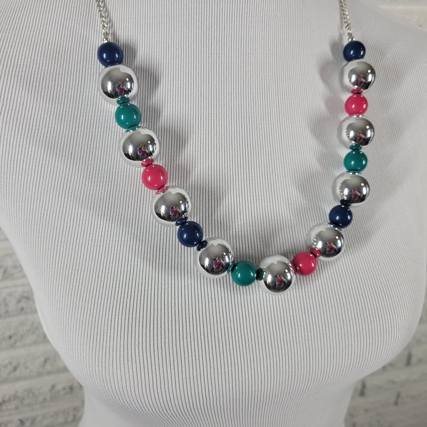 Chunky Silver Bead Necklace Colorful Pink Blue Teal Statement Fashion N31E