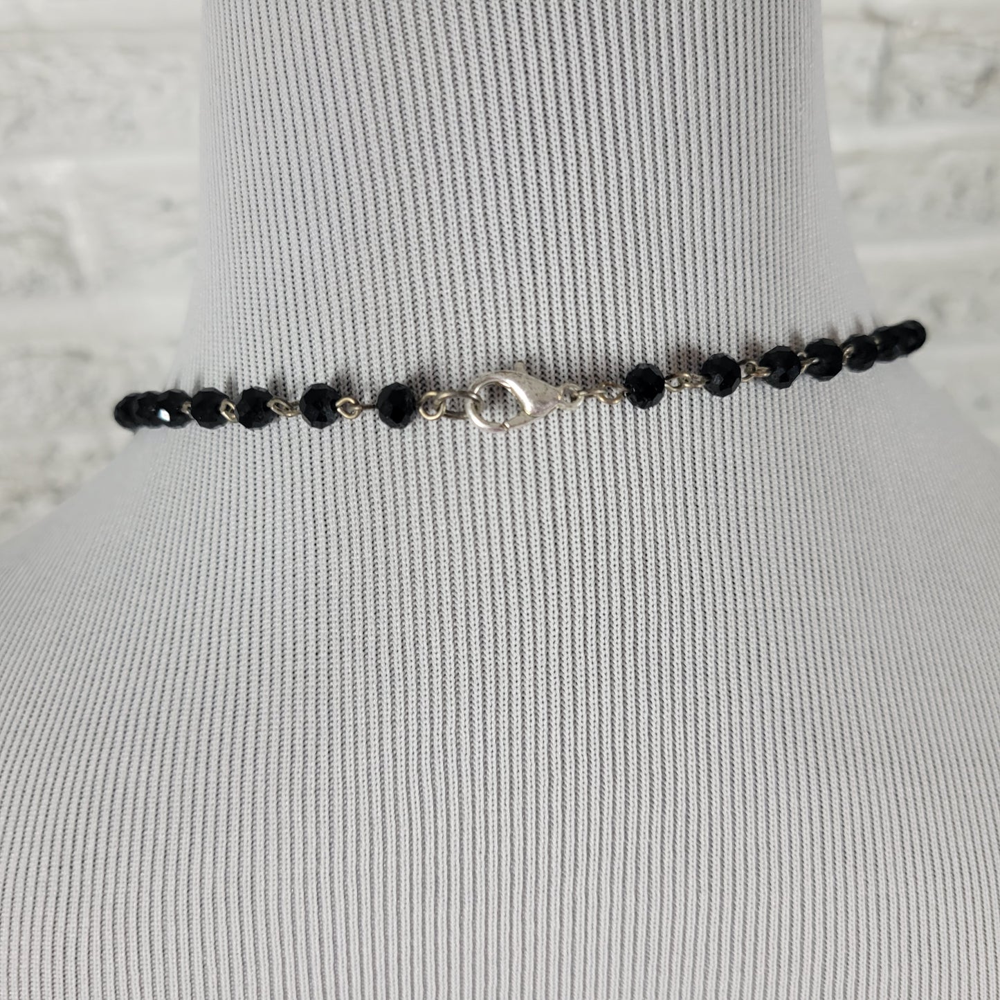 Vintage Black Crystal Beaded Statement Necklace Oval Rhinestone Pendant N28E