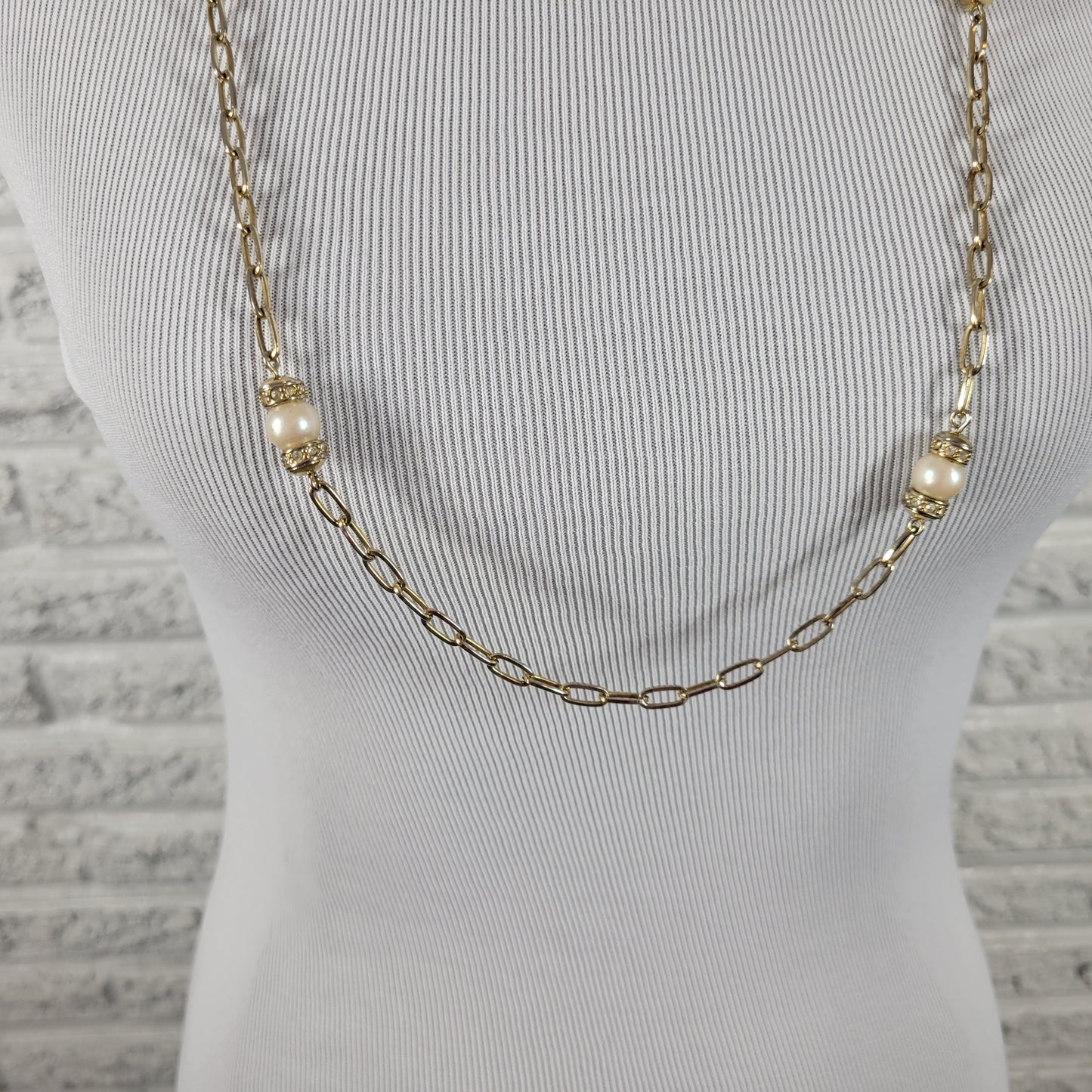 Vintage Gold Tone Long Paperclip Chain Necklace Faux Pearl Rhinestone 34" N32E