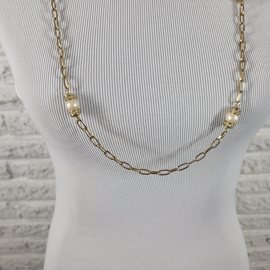 Vintage Gold Tone Long Paperclip Chain Necklace Faux Pearl Rhinestone 34" N32E