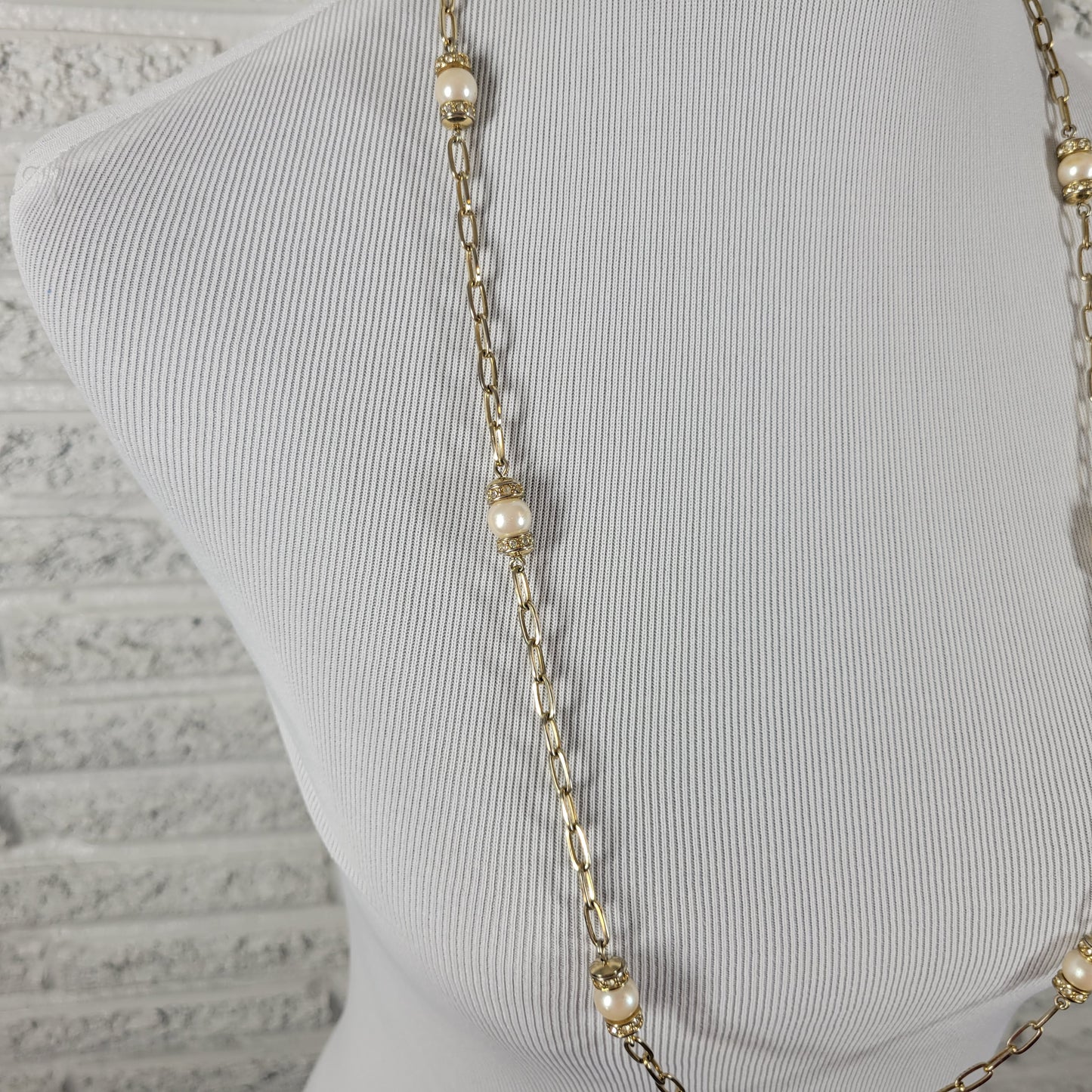 Vintage Gold Tone Long Paperclip Chain Necklace Faux Pearl Rhinestone 34" N32E
