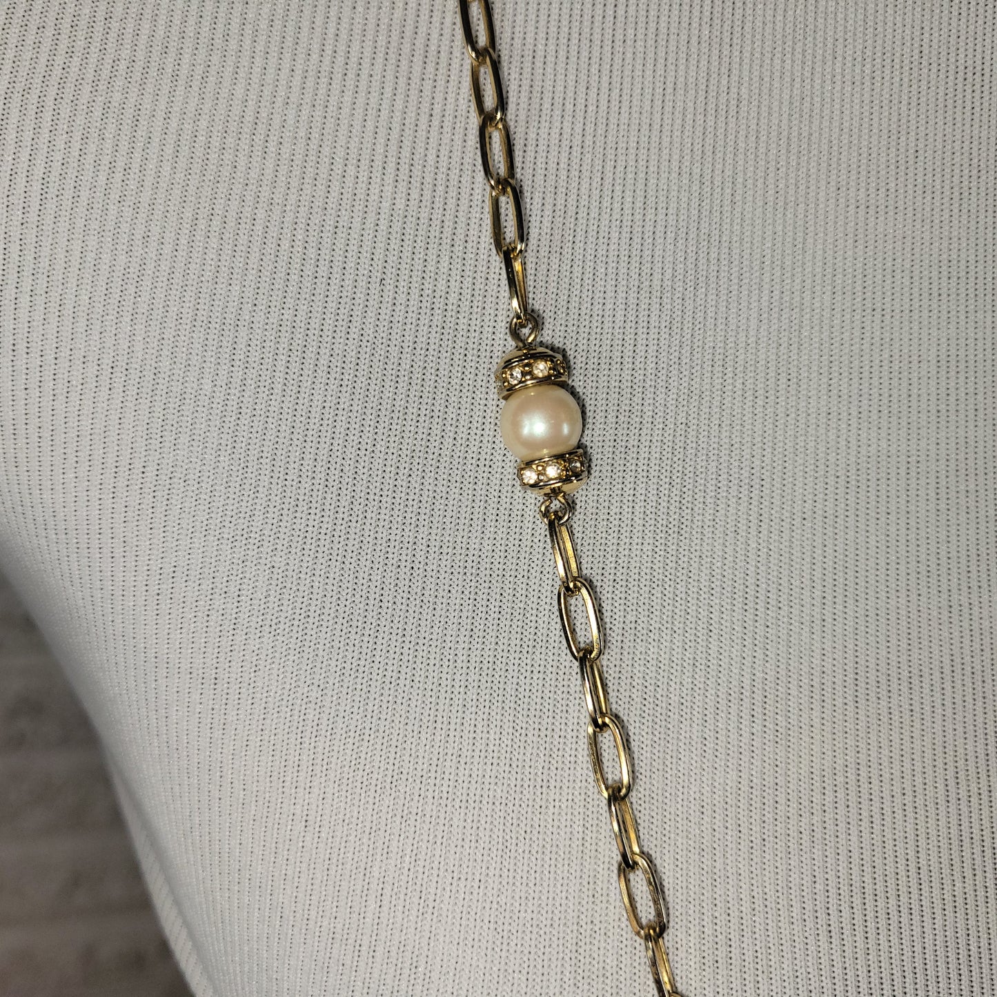 Vintage Gold Tone Long Paperclip Chain Necklace Faux Pearl Rhinestone 34" N32E