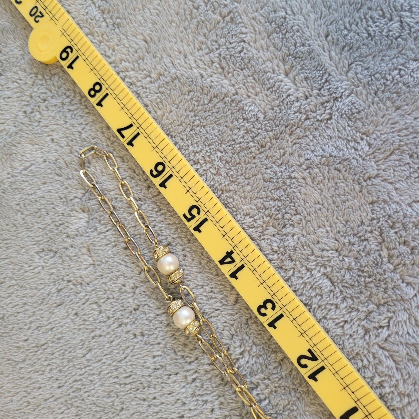 Vintage Gold Tone Long Paperclip Chain Necklace Faux Pearl Rhinestone 34" N32E