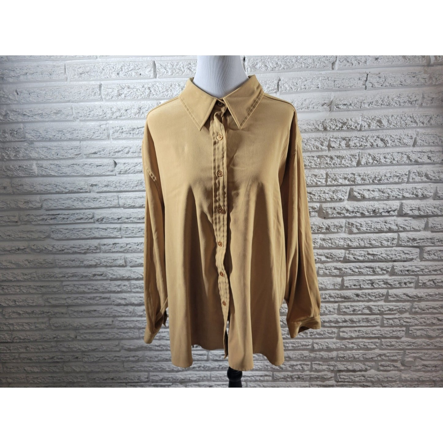 Denim & Co QVC Womens Top 3X Plus Long Sleeve Collar Tan Velour Office Button