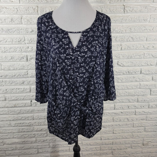 Skies Are Blue Womens Top 1X Plus 3/4 Sleeve Rayon Blue Floral Sash Keyhole