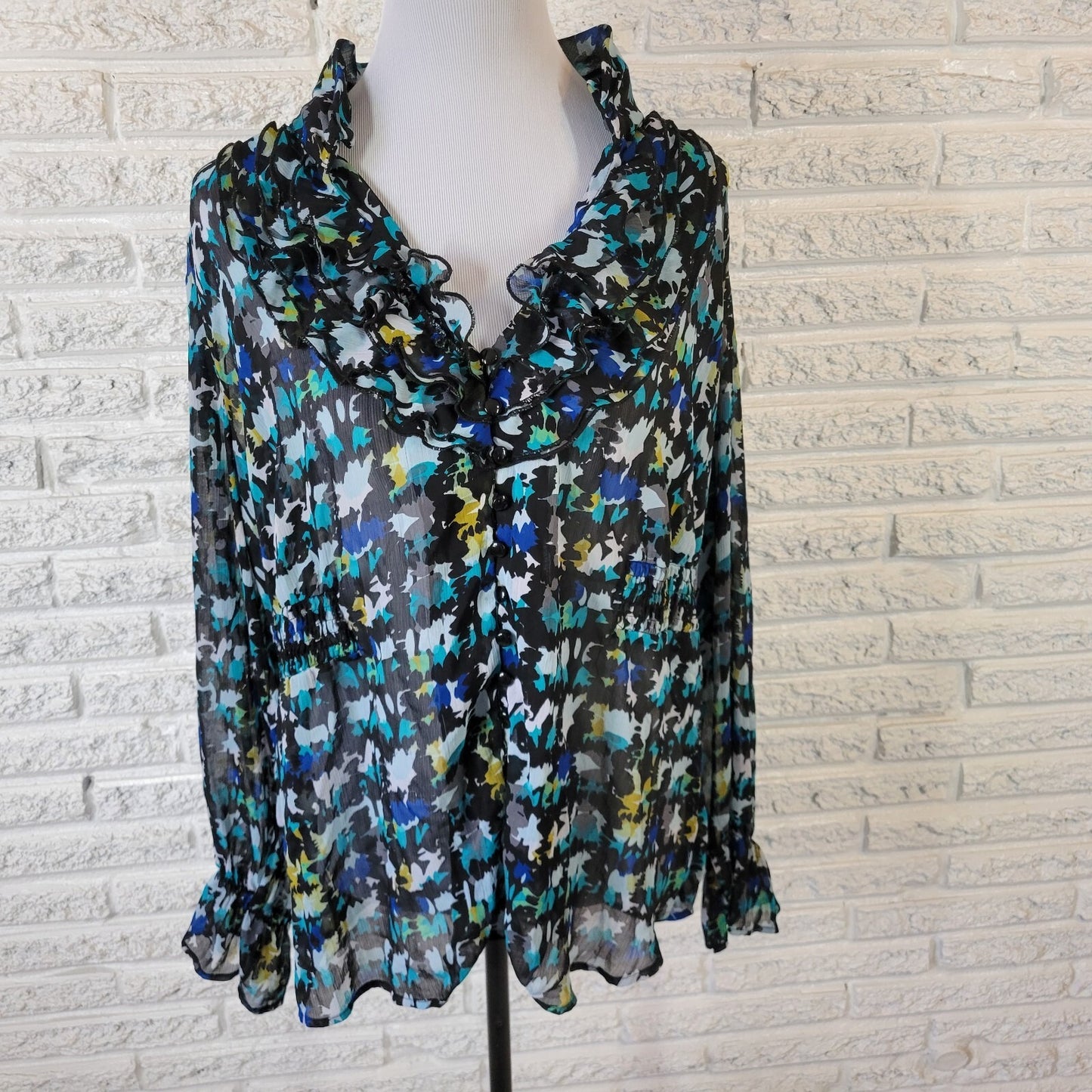 Lane Bryant Women Top 18 20 Plus Ruffle Collar Blue Watercolor Sheer Lightweight