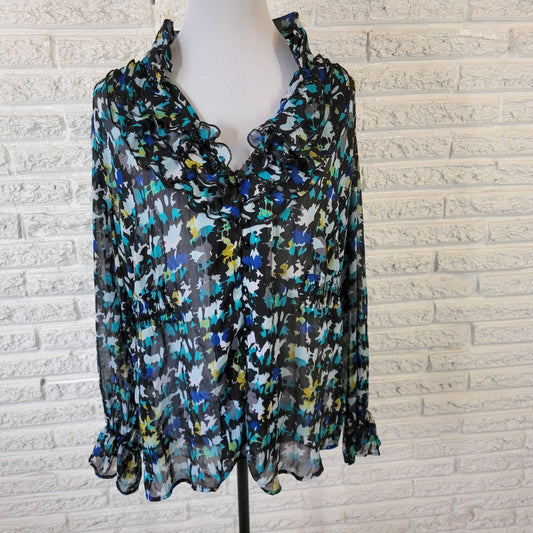 Lane Bryant Women Top 18 20 Plus Ruffle Collar Blue Watercolor Sheer Lightweight
